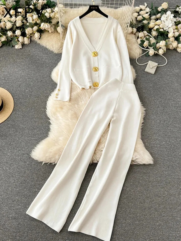 XFPV Women Casual Long Sleeved Cardigan Sweater Wide Leg Pants Knitted Twopiece Set Y2k Korean Fashion Autumn SM11439 241121