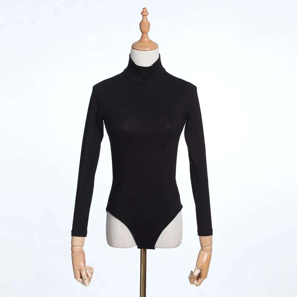 European and American INS solid color small high neck slim fit sexy big backless T-shirt women's versatile long sleeved base jumpsuit 2024 new ca