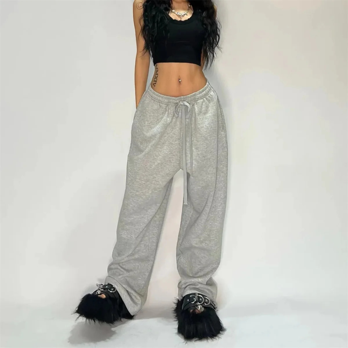 Solid loose sports pants for women wide leg Y2K American retro jogger pocket hiphop oversized Trouser streetwear 241212