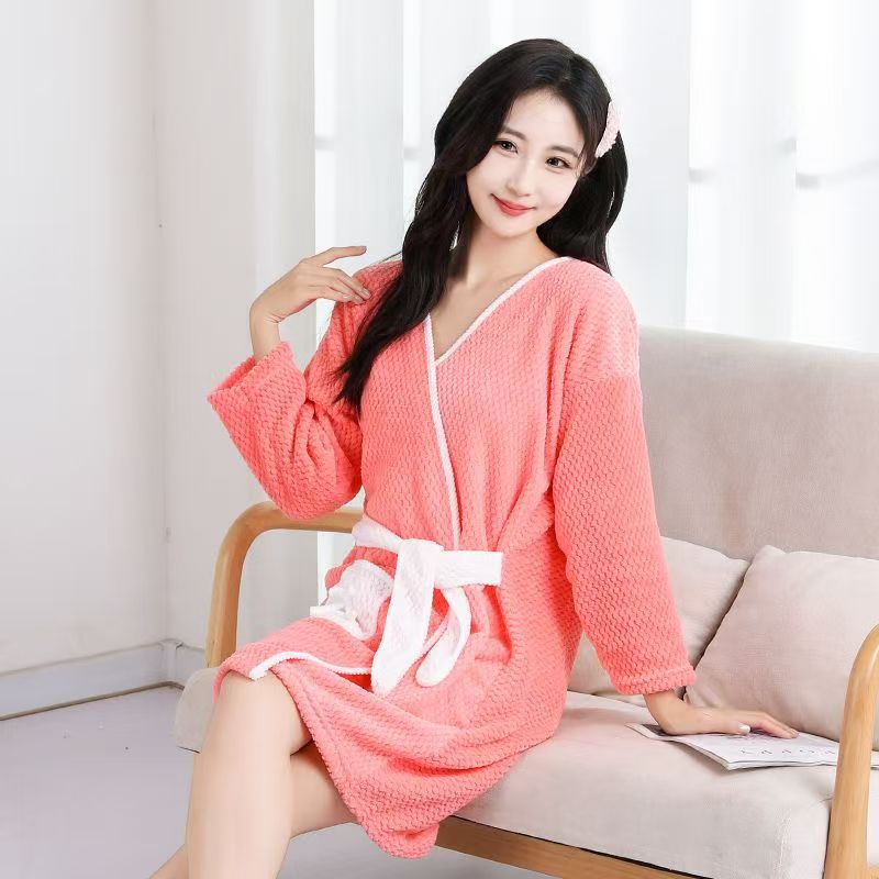 X97-Coral fleece absorbent ladies fashionable wearable bathrobe comfortable household bath towel no lint soft nightgown extra long bathrobe