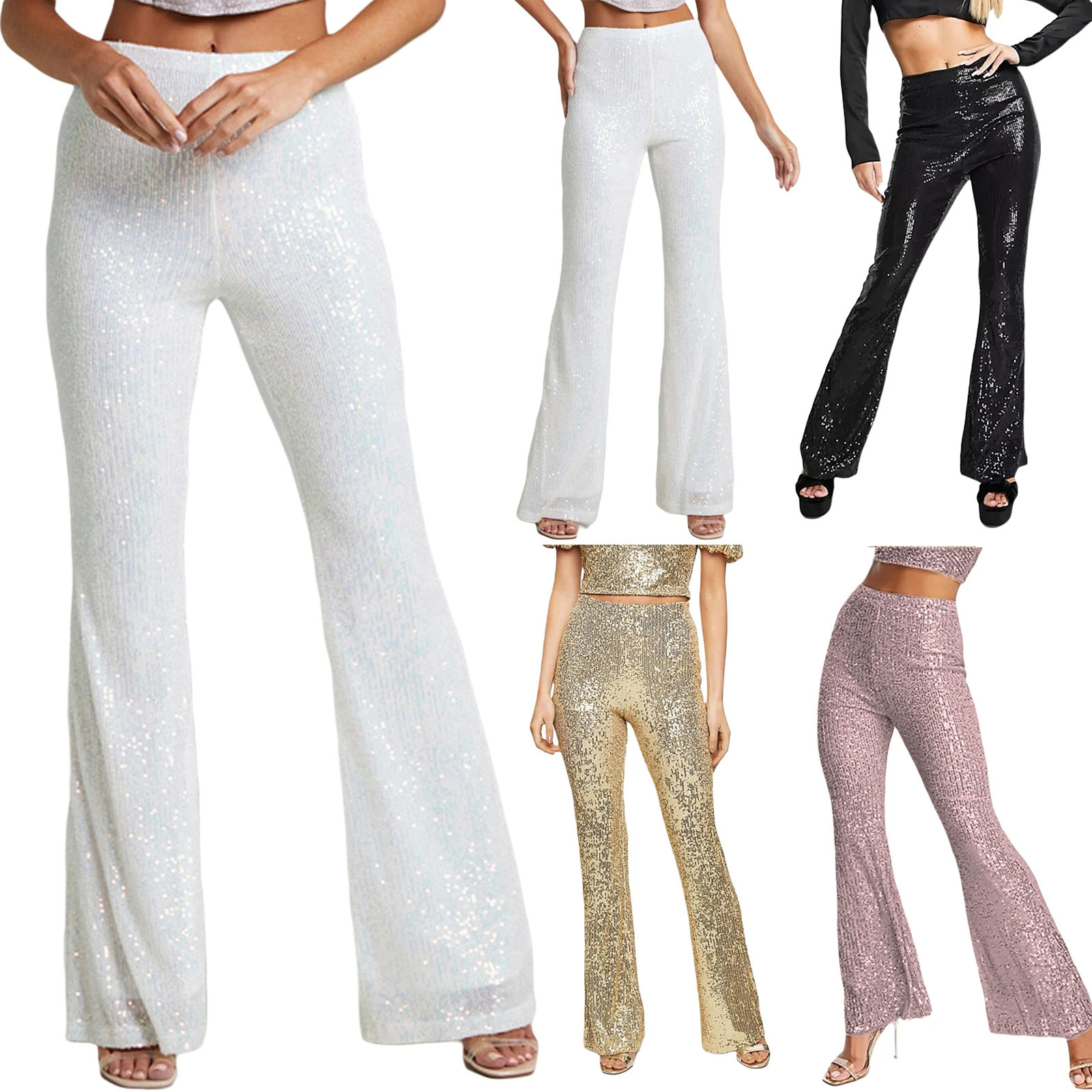 Womens high waisted sequined Flared Pants solid color elastic band tight pants Y2k casual set shiny bell bottom 241212