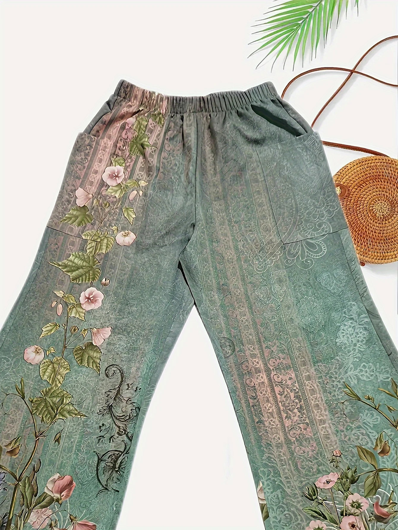 Ladies Diagonal Pocket Wide Leg Pants For Daily Casual And Elegant Floral Fashion Printed Loose Womens Clothing 241212