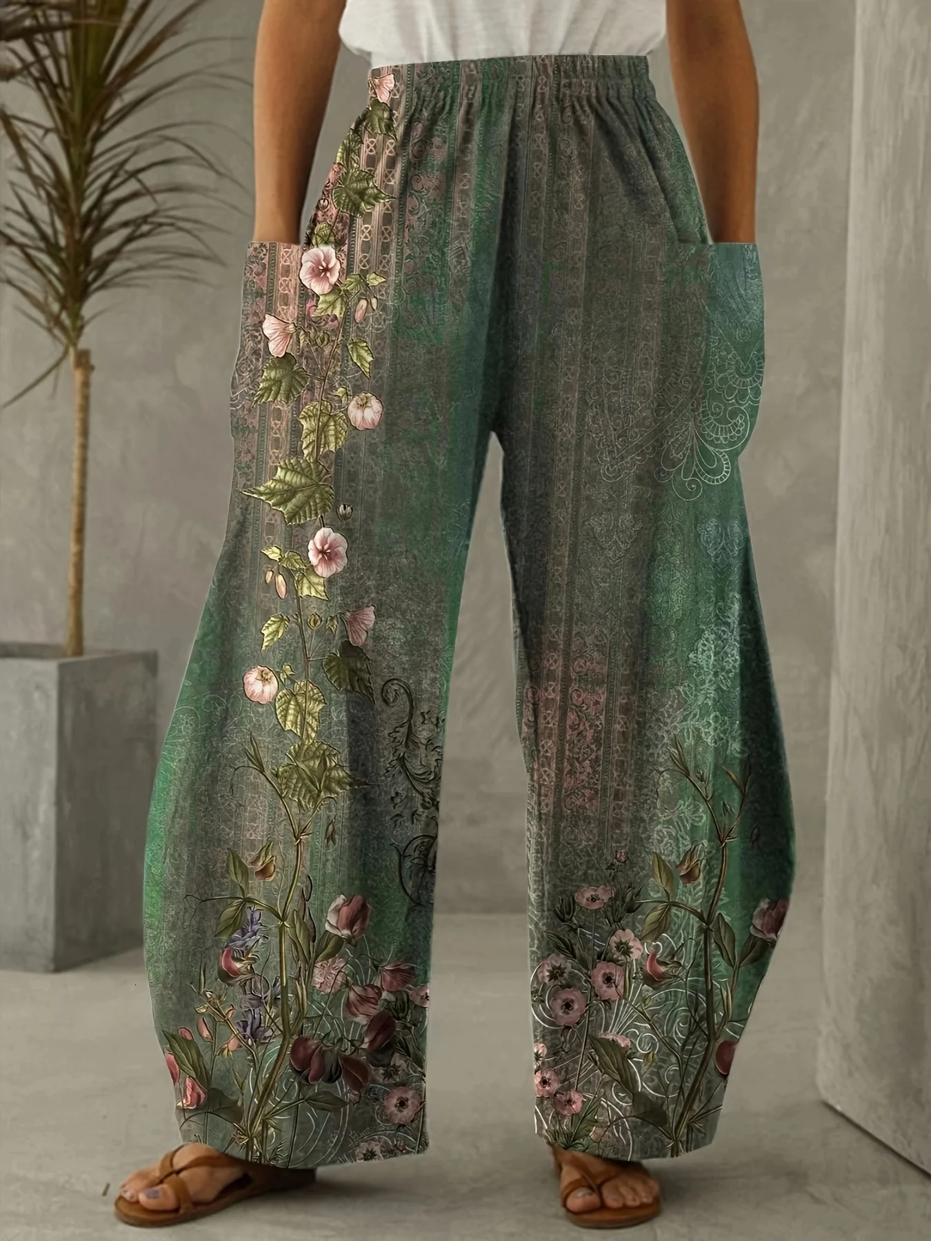 Ladies Diagonal Pocket Wide Leg Pants For Daily Casual And Elegant Floral Fashion Printed Loose Womens Clothing 241212