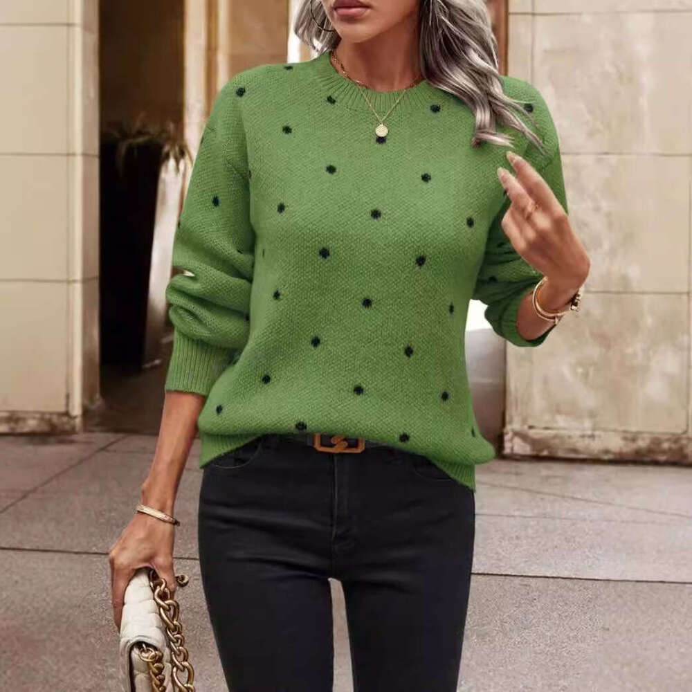 European And American Foreign Trade Fashion Round Neck Long Sleeved Pullover Clothes Autumn Women's Polka Dot Jacquard Knitted Sweater Top