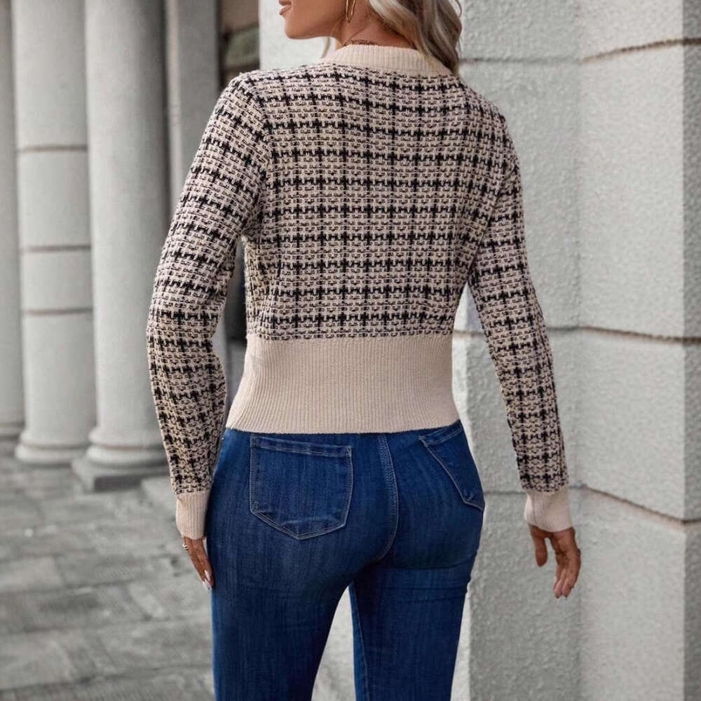 European And American Checkered Pattern Clothes, Autumn Women's Front Button Cardigan, Fashionable Quality, Classic
