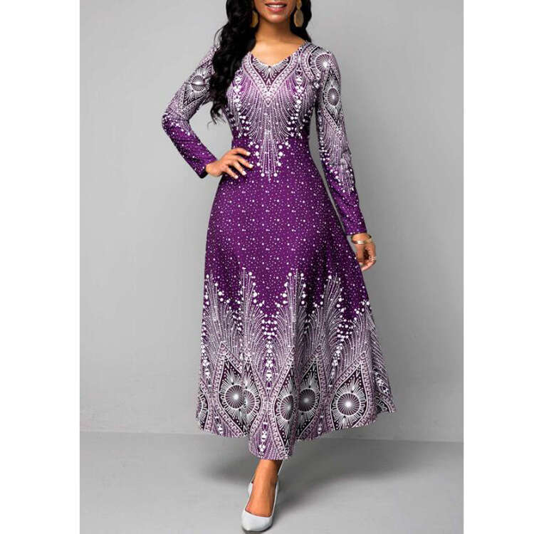 European American V-neck retro printed long sleeved Maxi dress Spring Autumn women's source 2024 new style chic and elegant clothing