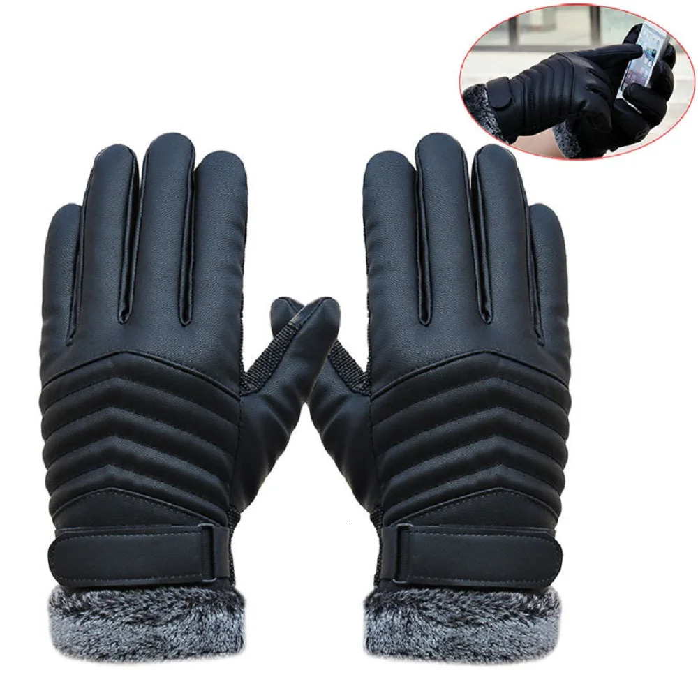 1 pair of mens touch screen gloves winter warm five finger wrist cut wool thick Pu leather outdoor bicycle 241212