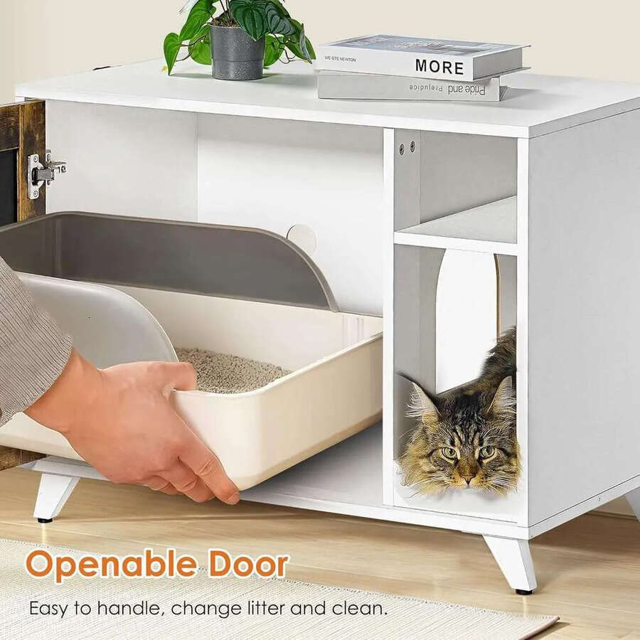 Modern Hidden Cat Litter Box Enclosure Furniture With Scratching Pad, White + Vintage Color Door Frame