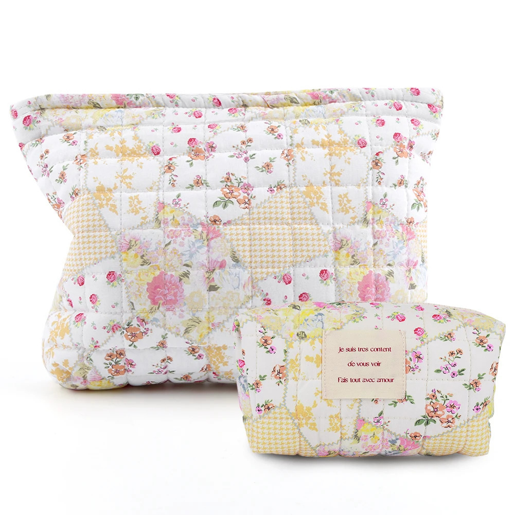 2Pcs Quilted Makeup Bag Floral Cosmetic Bag Cute Skincare Holder Bag Soft Aesthetic Zipper Pouch Padded for Women Girls 241212