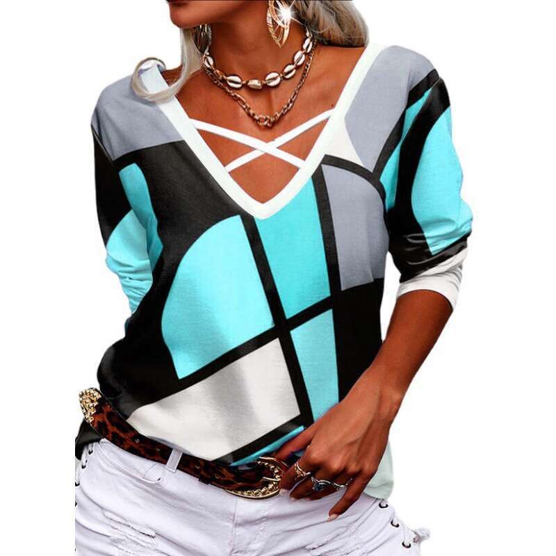 autumn European and American long sleeved loose V-neck cross geometric printed T-shirt women's 2024 new casual versatile fashion clothing