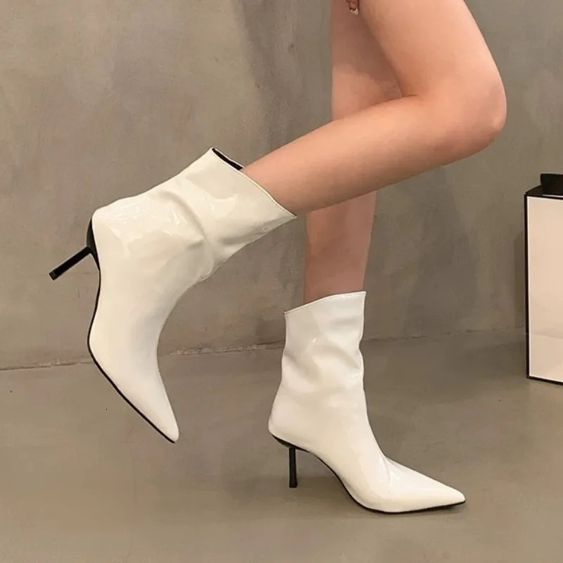 Red Patent Leather Female High Heels 2024 Autumn Sexy Pointed Toe Women's Ankle Boots Solid Color Simple Stiletto Shoes Atos