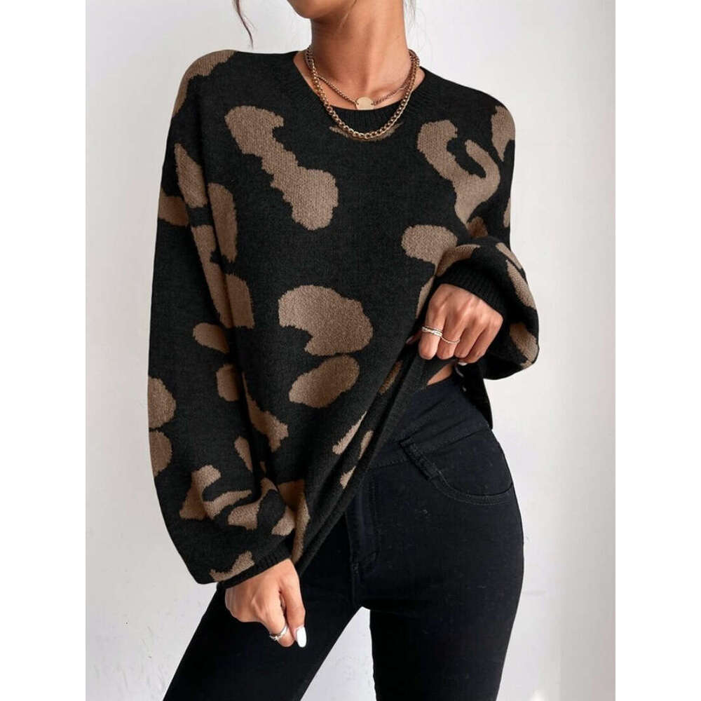 Classic Leopard Print Sweater For Autumn Winter In European And American Foreign Trade, Women's Fashion Temperament Pullover Round Neck Knitted T