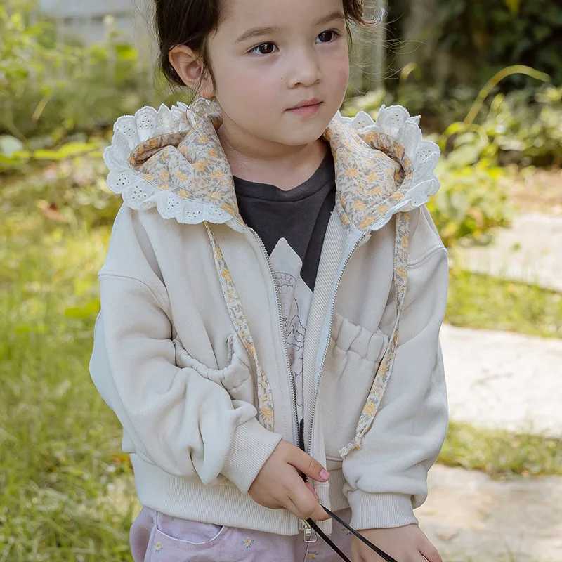 MILANCEL Spring Autumn Childrens Jacket 2-8 Y Girls Cute Hoodie Coat Kids Lace Floral Hooded Outwear Girls Zipper SweatshirtXJ241214