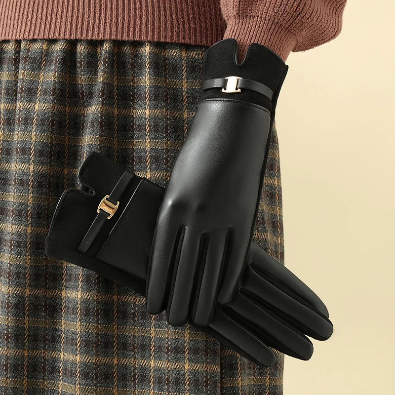 1 pair of winter wool lined womens gloves for heating and touch screen Pu elegant exquisite bicycle driving 241212