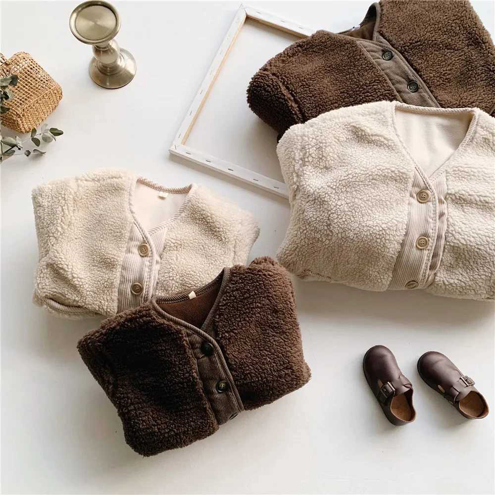 2024 Korean Boys Fall Winter Clothes For Girls Velvet Loose Lamb Velvet Warm Childrens Jacket Coat For Girls 0-5-year-oldXJ241214