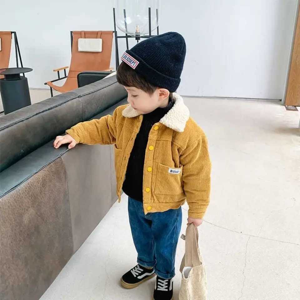 Girls winter thick warm jacket Korean boys and girls wearing lamb wool outerwear thick corduroy cotton jacketXJ241214
