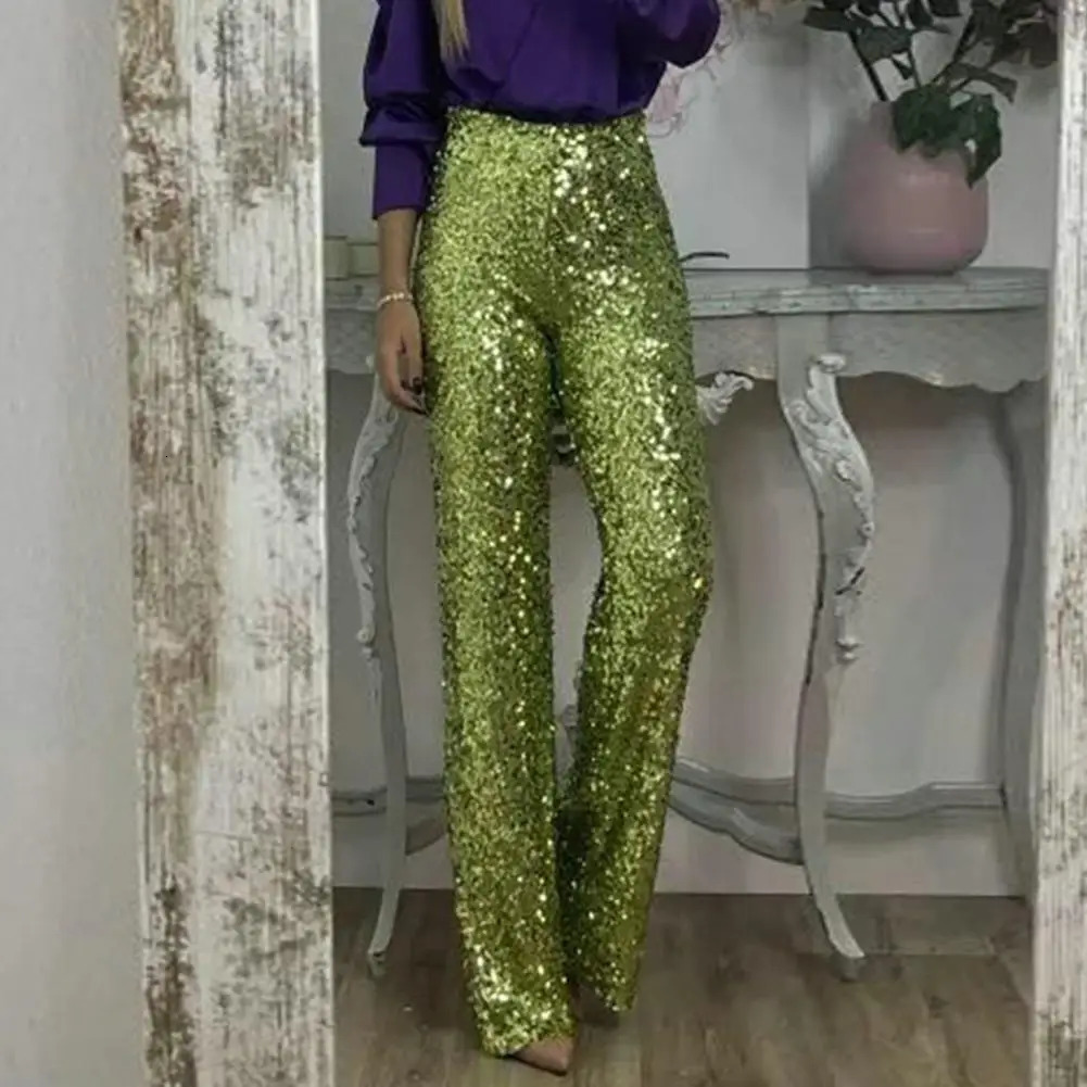 Womens pants sequins high waisted glitter micro light slim loose with elastic waistband style 241212