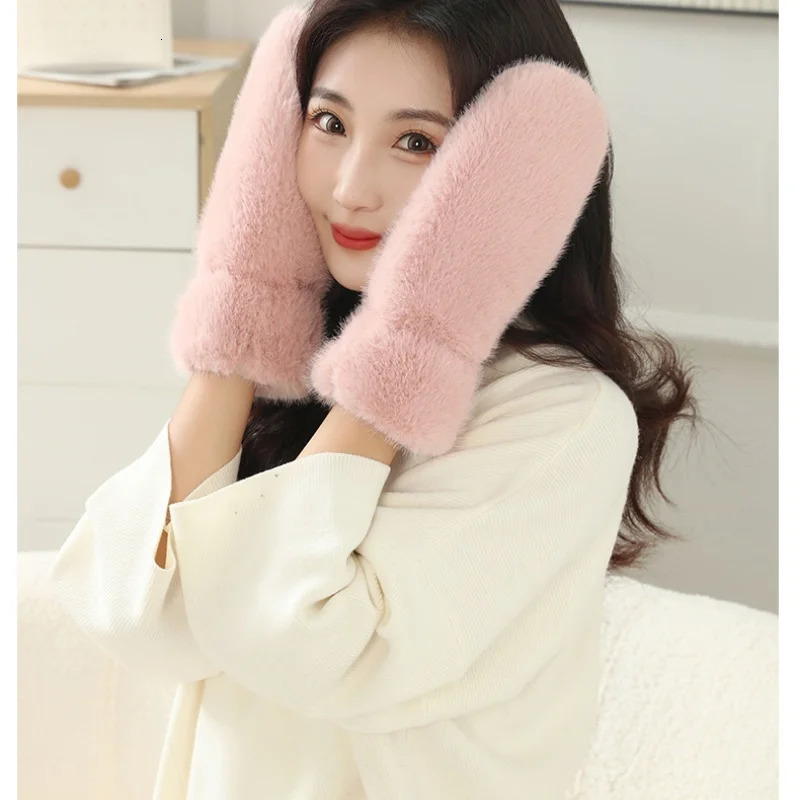 Womens Winter Gloves Thick Warm Plus Cashmere Soft Full Finger Windproof Plush Rabbit like Fur 241212
