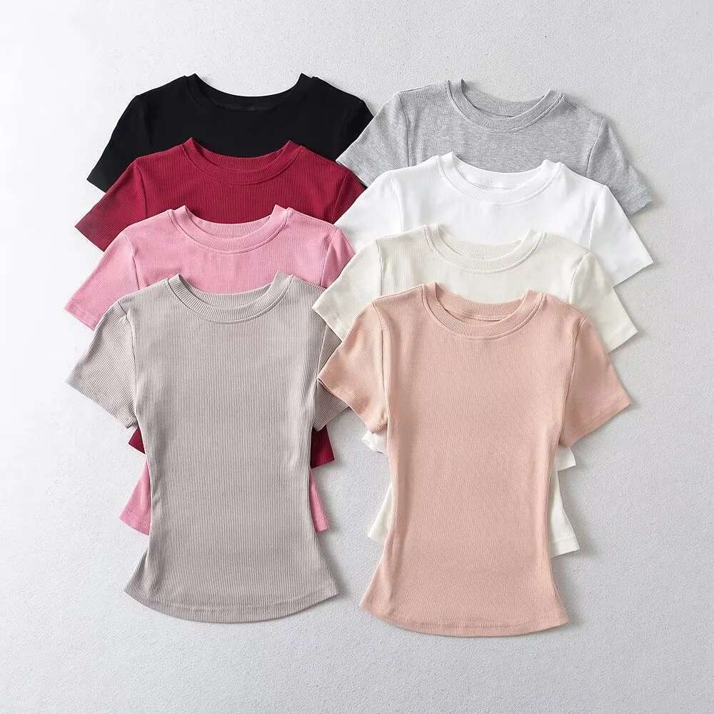 American INS basic elastic slim round neck threaded T-shirt for women's summer high waist tight fit with exposed navel solid color short sleeved 