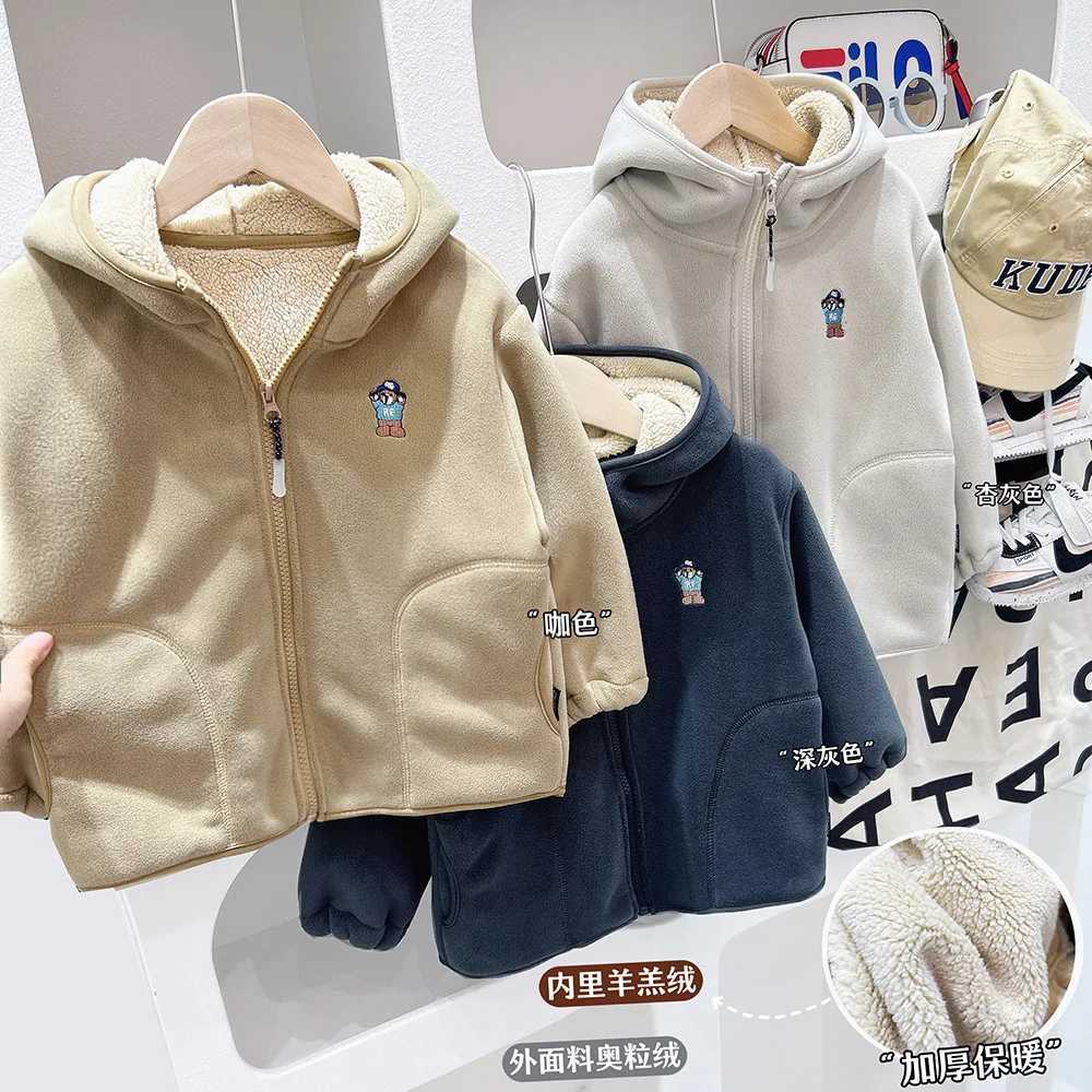 Autumn Winter 2024 Childrens Boys Outerwear Zipper Hooded Thick Lamb Fleece Kids Boys Jacket Velvet Warm 3-10 Years Boys CoatXJ241214