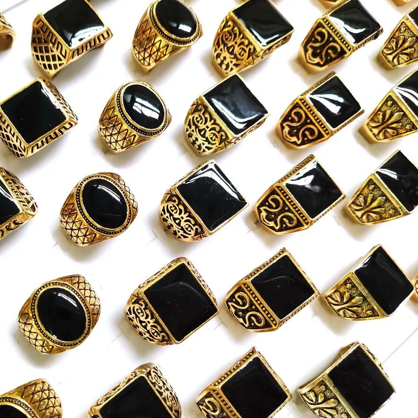 Wholesale 30pcs/lot Mens Black Enamel Gold plated Ring Square Rectangle Oval Shapes Mix lot Vintage Jewelry 241216