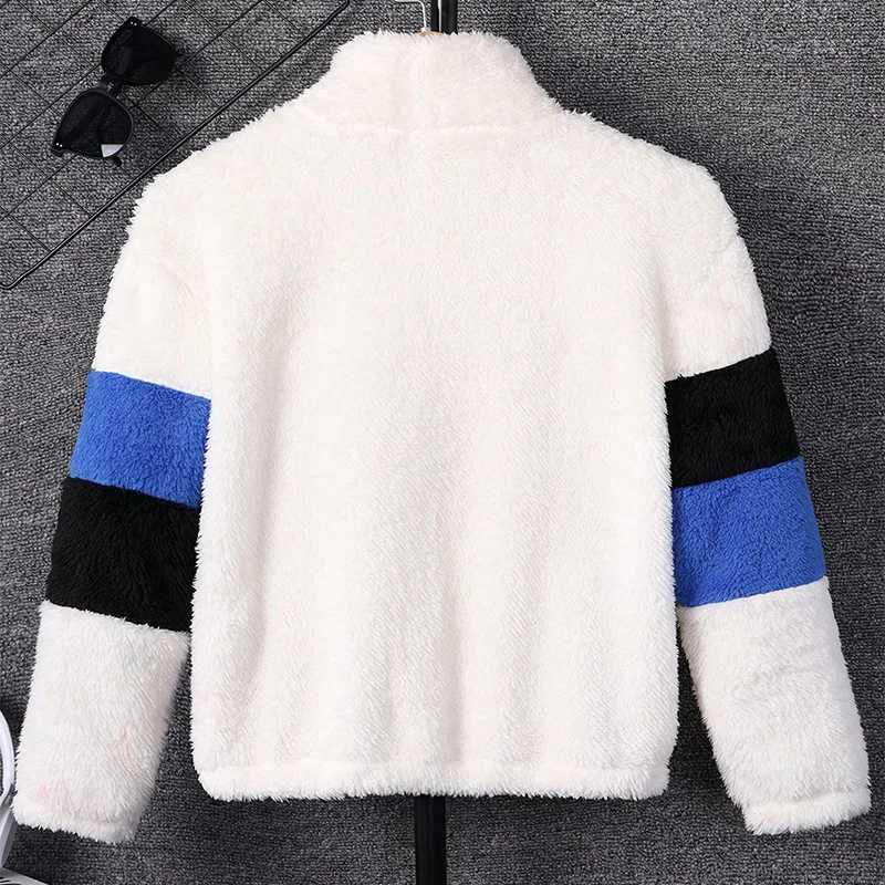 Autumn And Winter Boys Cute Cold And Warm Plush Color Contrast Panel Zipper Jacket Coat For Daily Casual Birthday Par ClothingXJ241214