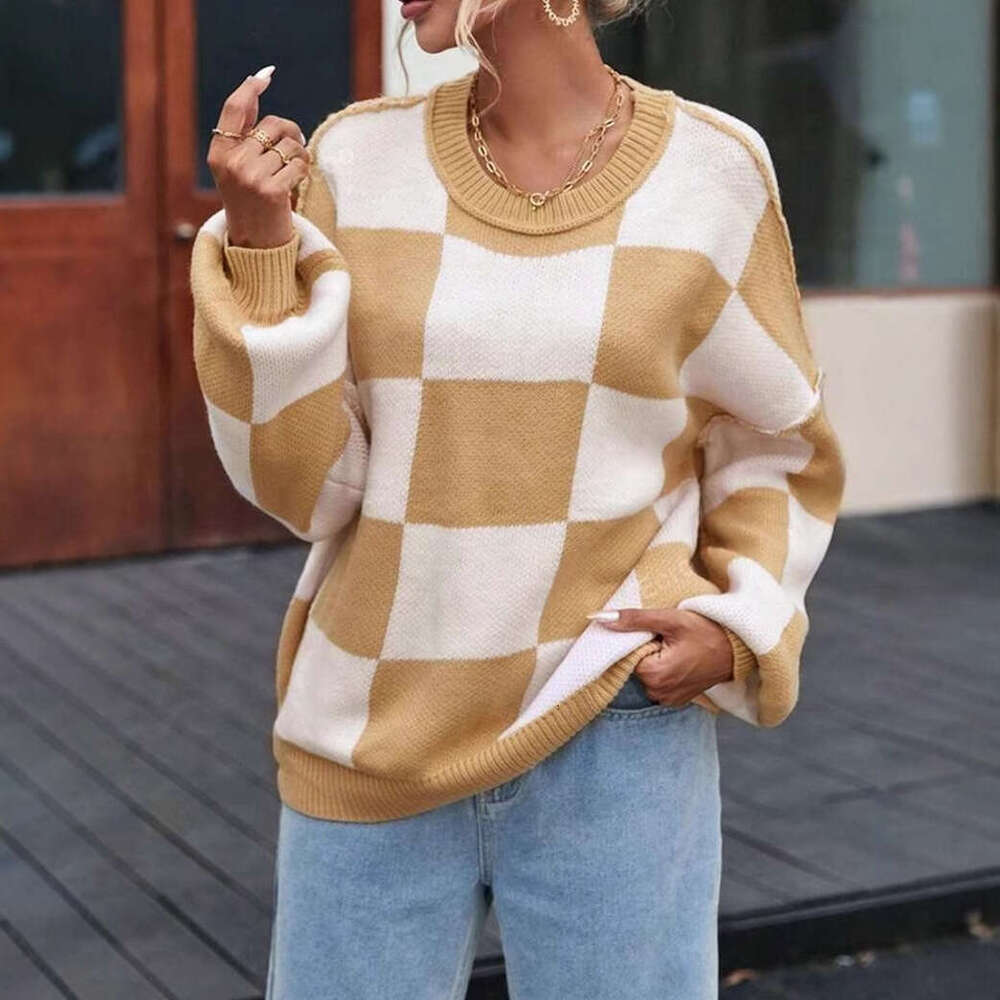 New Autumn Clothes Women's Knitted With Grid Elements Round Neck Loose Sweater From Europe And America