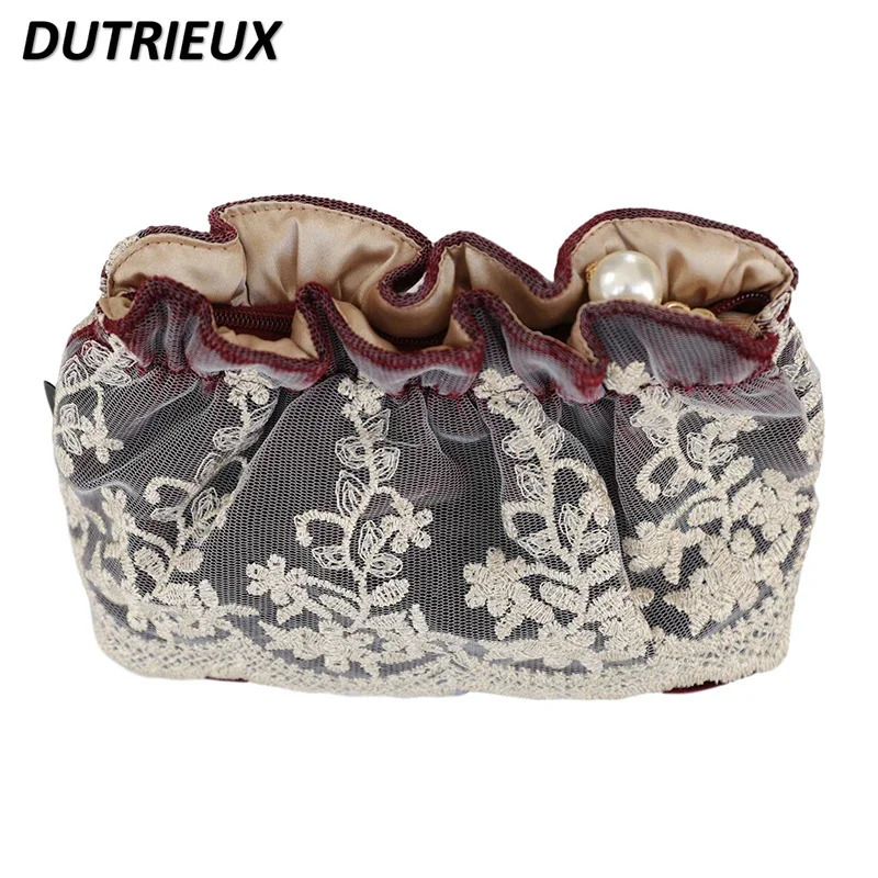 Korean lace embroidery portable handheld womens makeup bag makeup cleaning organizer carry womens travel storage bag with you 241212