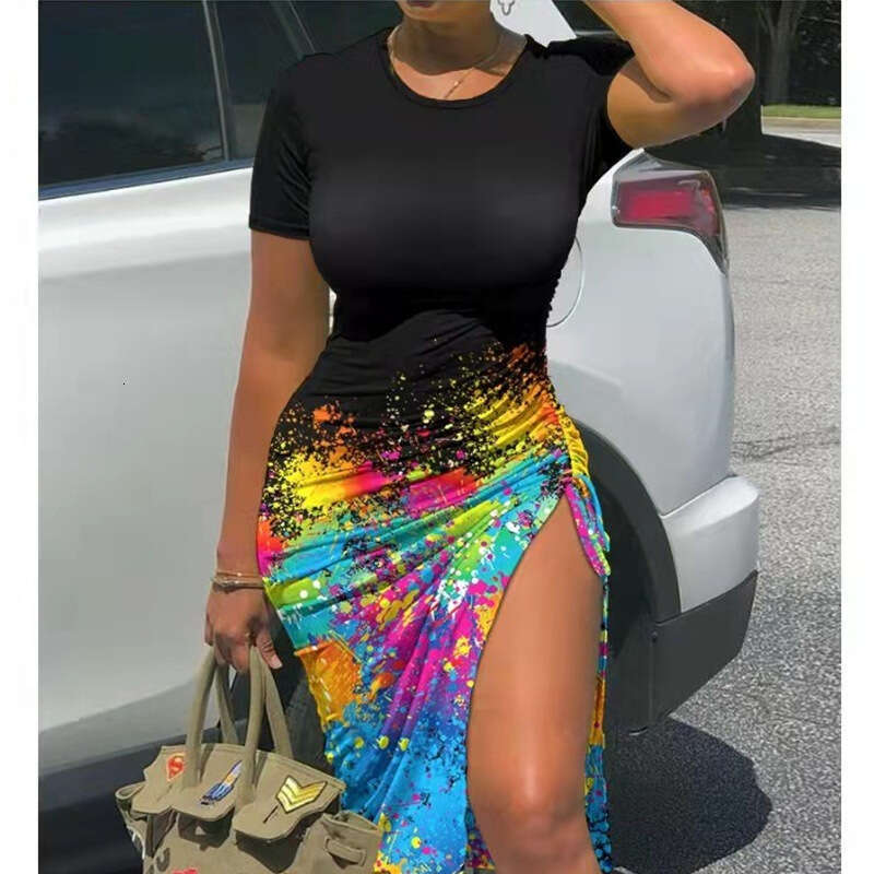 European and American women's printed net color short sleeved drawstring dress 2024 new casual fashion trend clothing