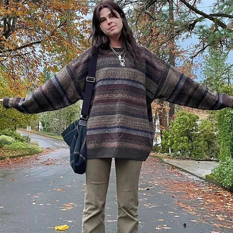 Preppy Grunge Retro Striped Knitted Sweater Autumn ONeck Full Set Jumper Fairycore Y2K Aesthetic Grandfather Puller 241211