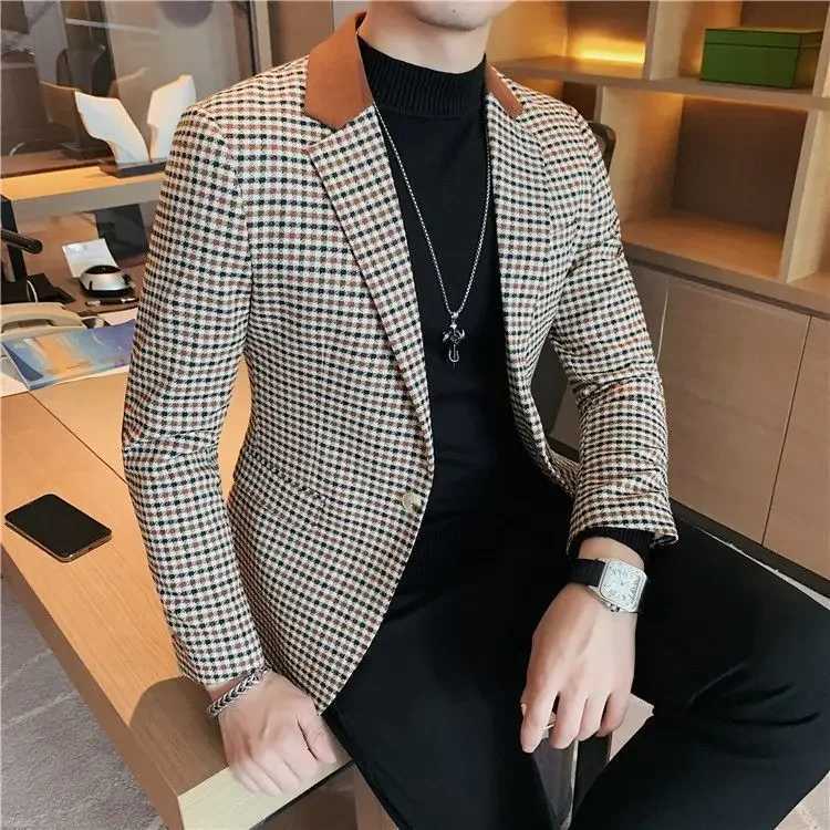 Coats Thin Slim Fit Man Business Suits and Blazers Plaid Spring Clothes Trendy 2024 Gentleman Casual New In Dress Jacket for Men W241216