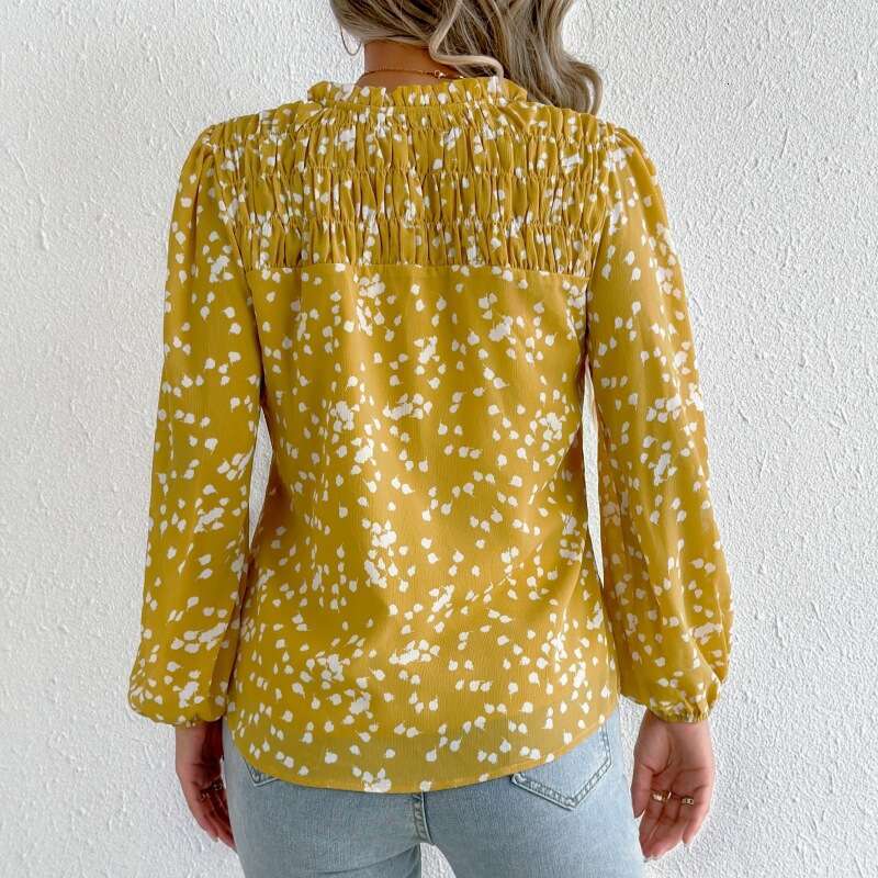 European And American Spring/Summer New Women's Commuting Top V-Neck Long Sleeved Polka Dot Printed Pleated Shirt