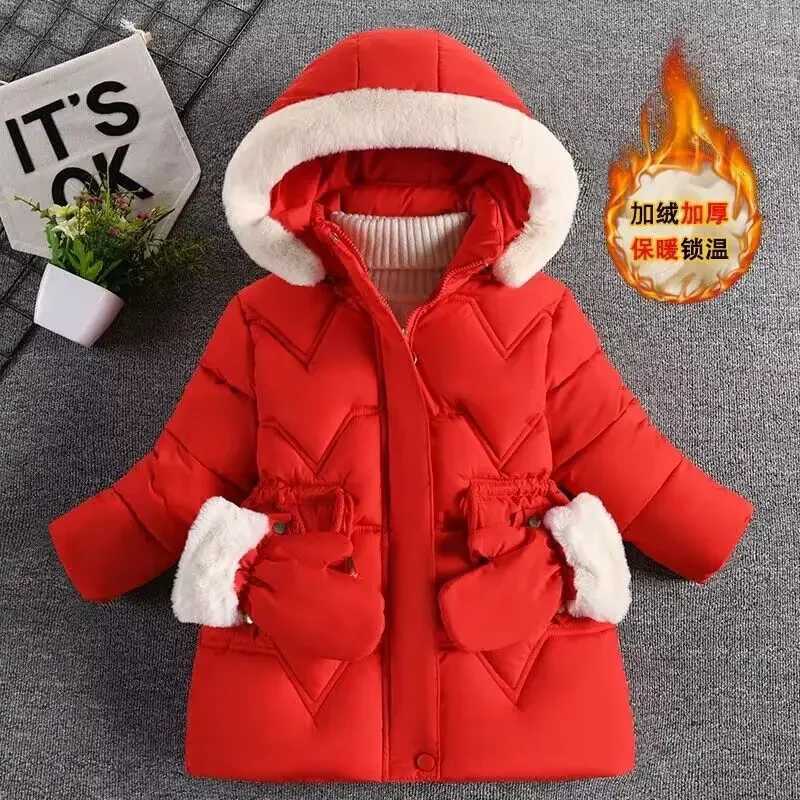 2-8 Years Warm Winter Girls Jacket Fur Collar Removable Hat Plush Lining Heavy Hooded Kids Coat Children Outerwear Send GlovesXJ241214