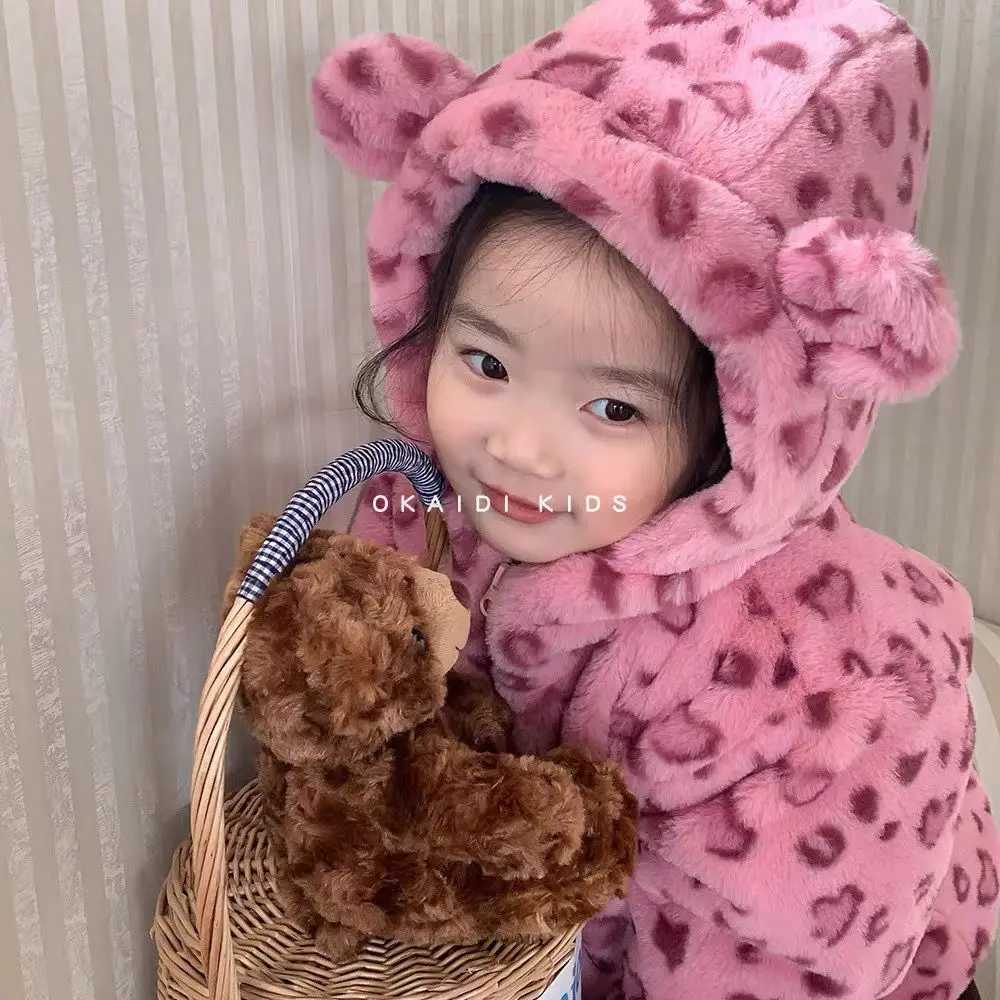 Baby Girls Coat Autumn/Winter Thick Hooded Cotton Jacket with Velvet Childrens Clip Cotton Warm Cotton Coat Leopard PatternXJ241214