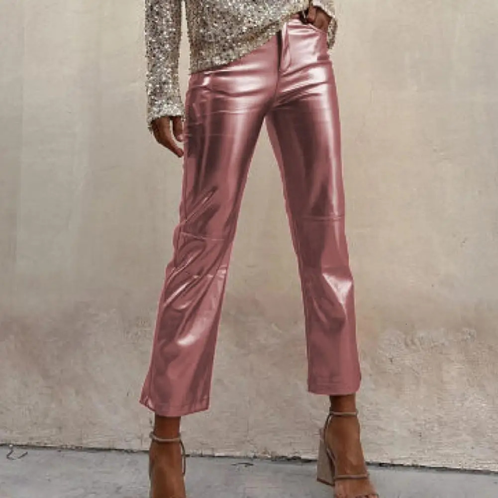 Womens metal straight leg PU pants artificial leather mid waist zipper breathable club party womens ninth pair of 241212