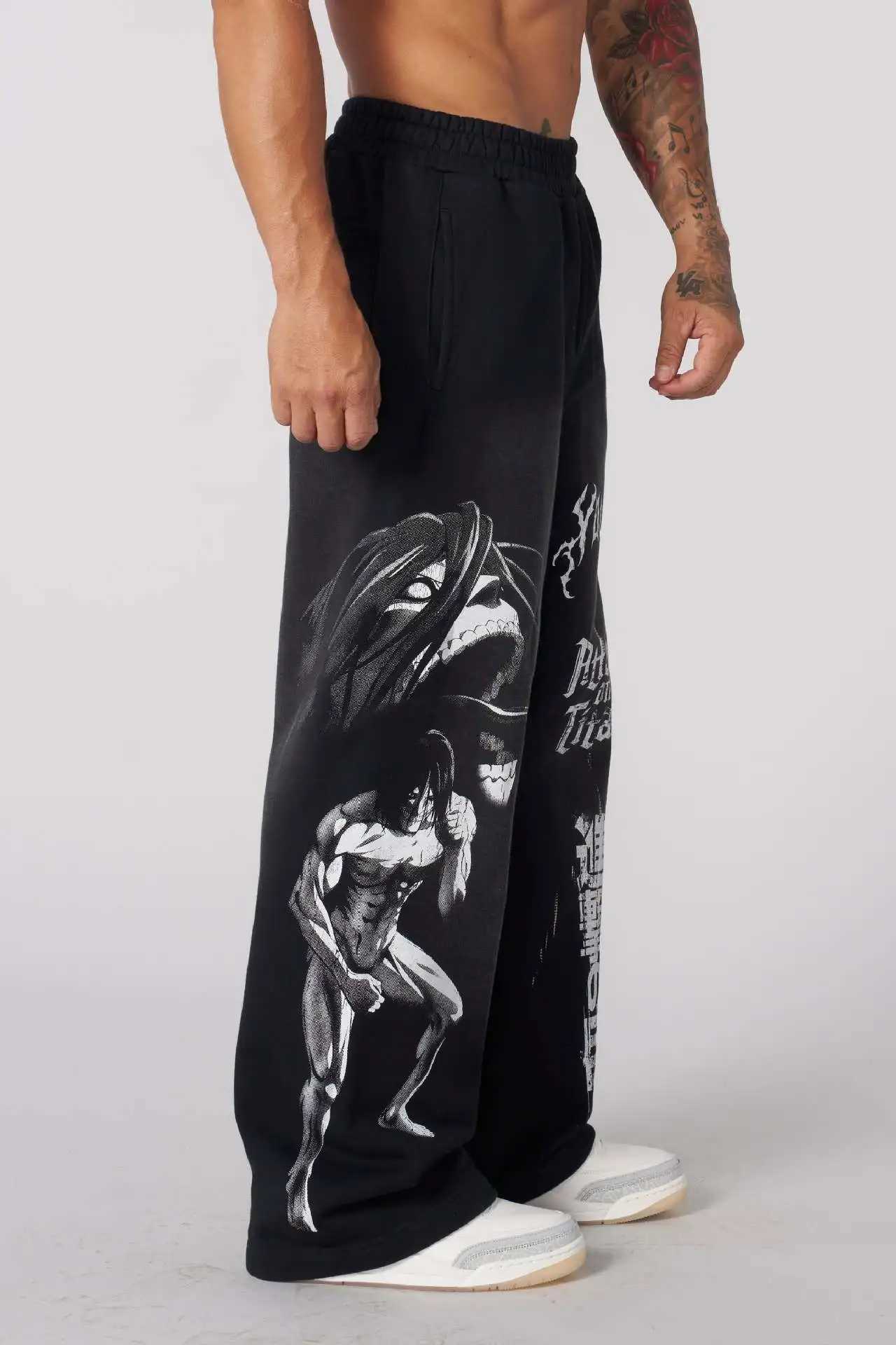 Young American trendy sweatpants collaboration anime joggers cotton terry print wide-leg casual pants hip-hop street pants X2503191