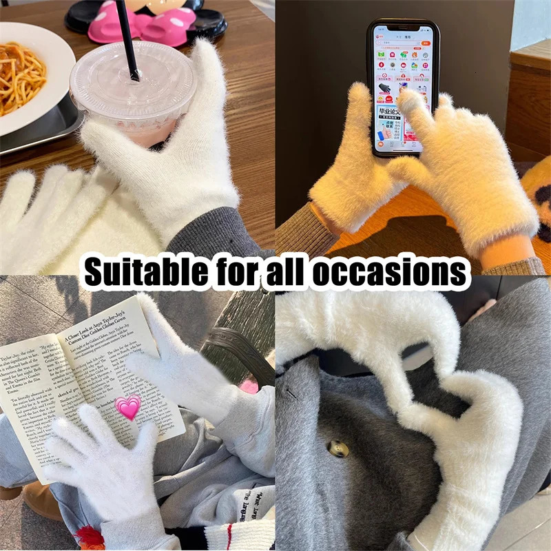 2025 Winter mink velvet simulated rabbit fur five finger gloves for warmth and cold protection womens outdoor bicycle 241212
