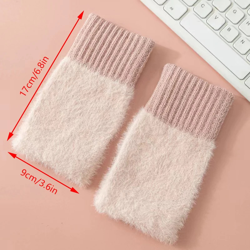 Mink wool soft winter half finger gloves warm plush knitted fingerless 241212