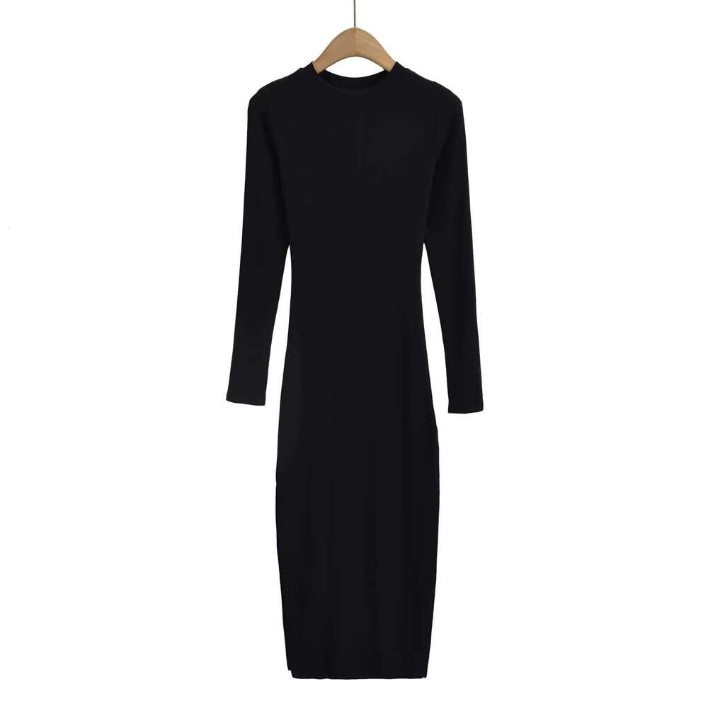 spicy girl small round neck elastic slim fit two side slit hip h skirt women's long sleeved tight bottom dress autumn 2024 new casual versatile f