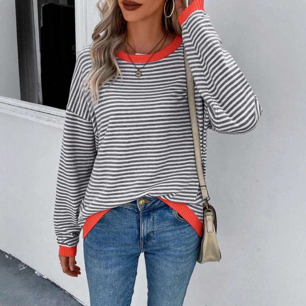 European And American Autumn Clothing, Striped Round Neck Contrasting Color, Shoulder Down Long Sleeved Knitted Sweater, Women's Fashion Quality 