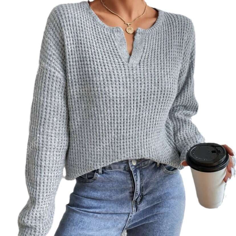 European American Solid Color Long Sleeved Clothes For Autumn Women, Comfortable And Casual V-Neck Pullover