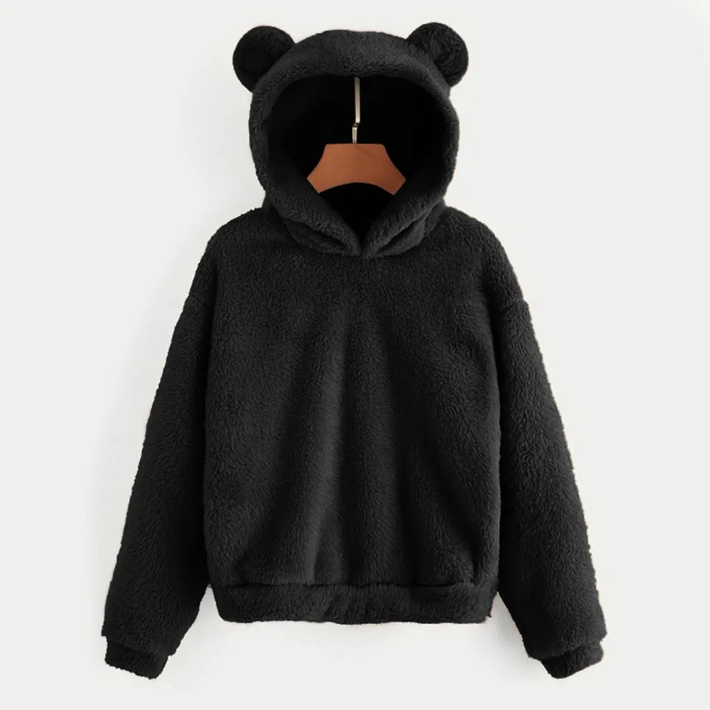 Womens Pullover Long Sleeve Fleece Sweatshirt Warm Bear Shape Fuzzy Hoodie Sweater Pullover 241214