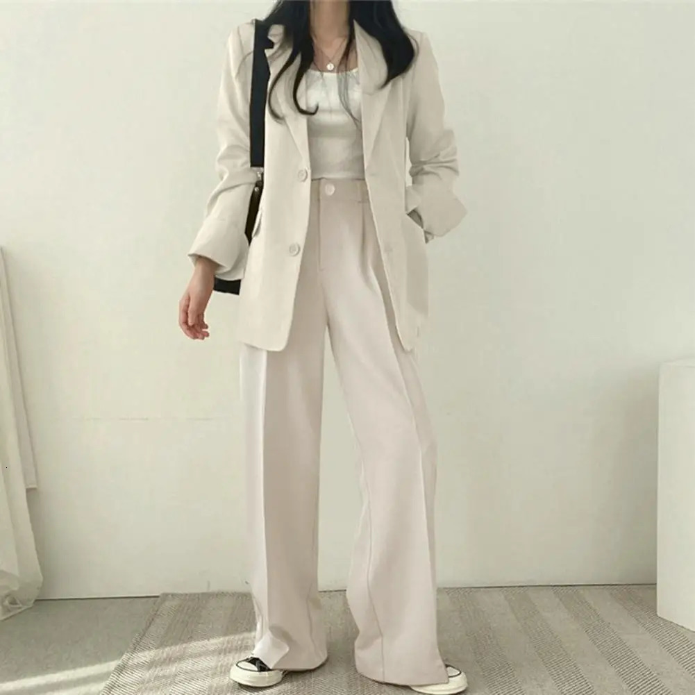 2024 Women Blazer Pants Korean Fashion Open Front Jacket Straight Wide Leg Suit Pant Casual 241212