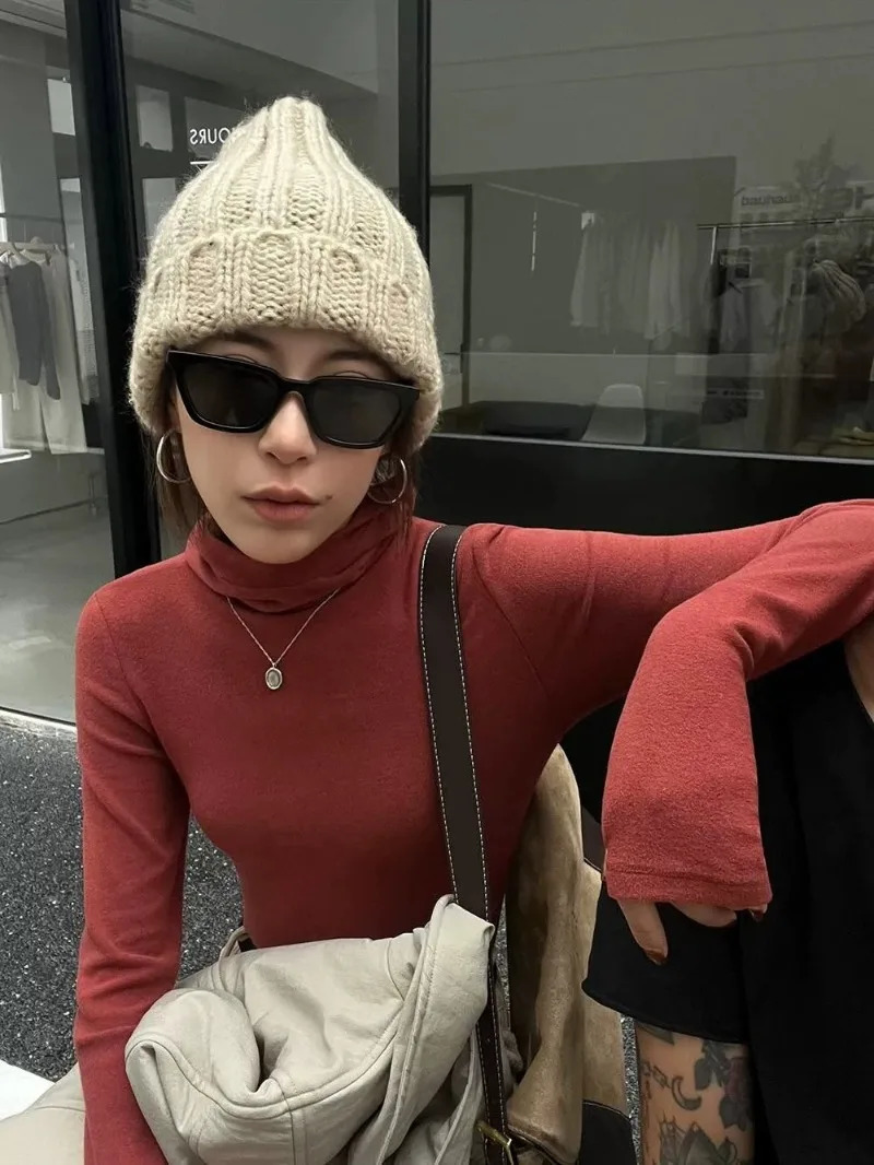 Solid long sleeved hooded womens autumn and winter ultrathin slim fit turtle neck zipper top 241211