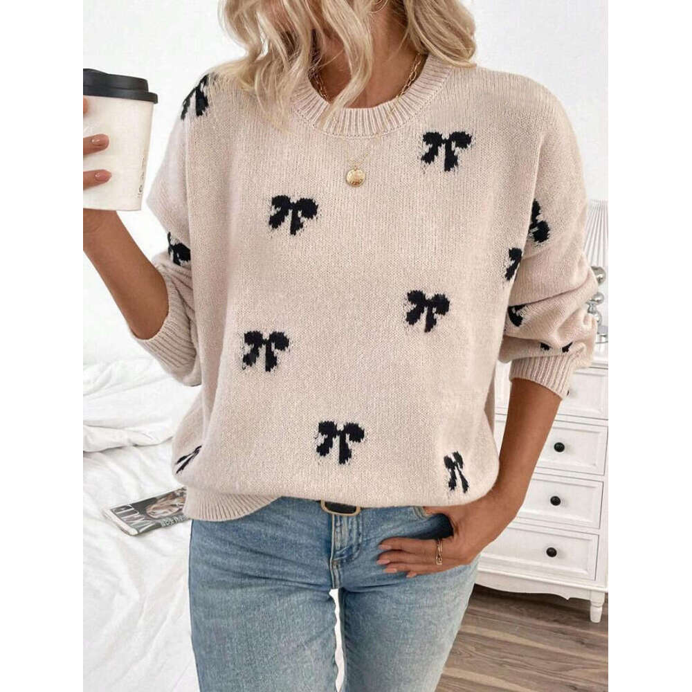 European And American Independent Station Bow Jacquard Clothes Autumn Simple Design Sense Women's Sweater