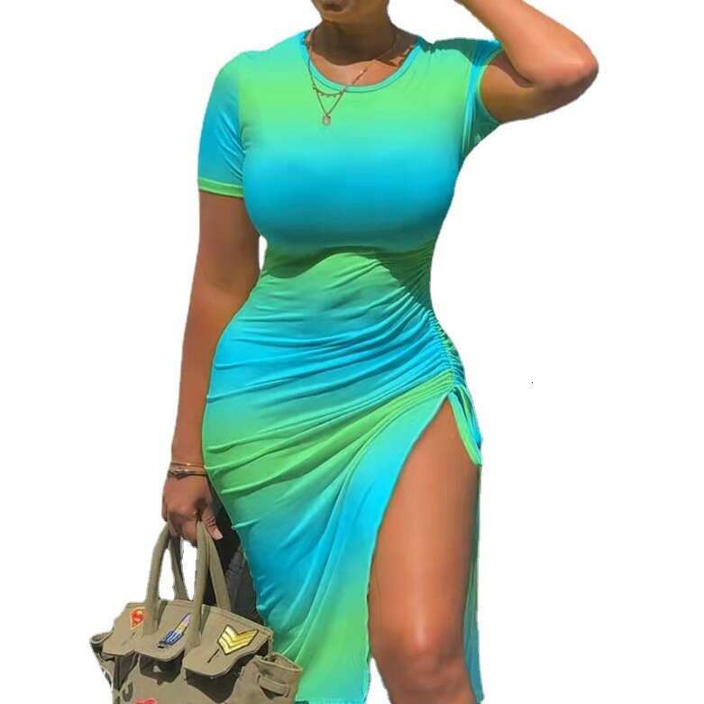 European and American women's printed net color short sleeved drawstring dress 2024 new casual fashion trend clothing