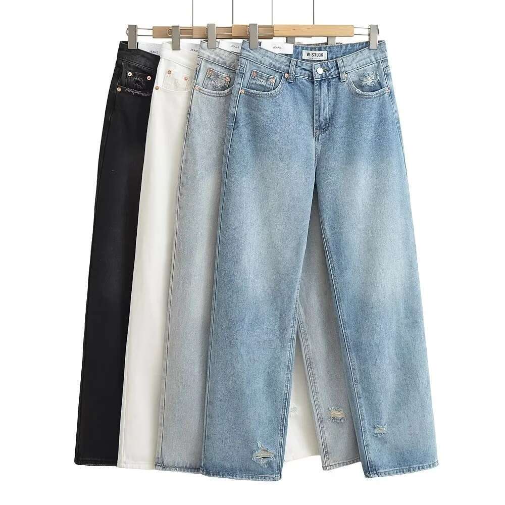 Spicy girl high waist, loose fit, slimming effect, straight jeans with holes in the back legs, women's summer vintage wide leg denim pants, 2024 