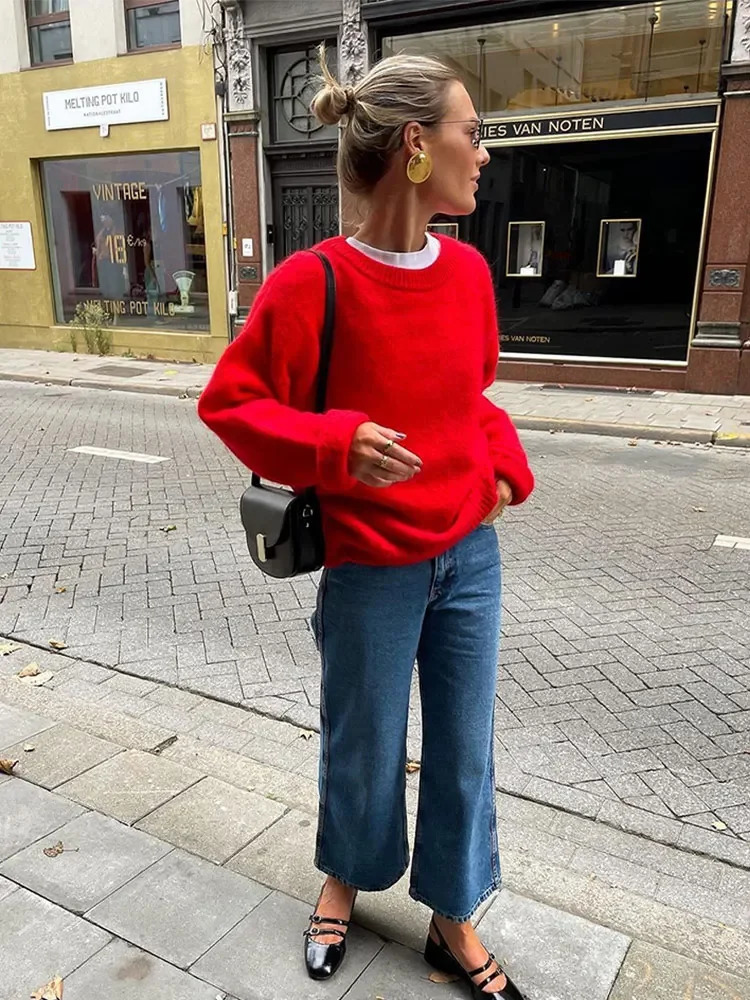 Fashionable red Oneck floral womens sweater elegant long sleeved casual loose knit top 2024 autumn fashion jumper 241211