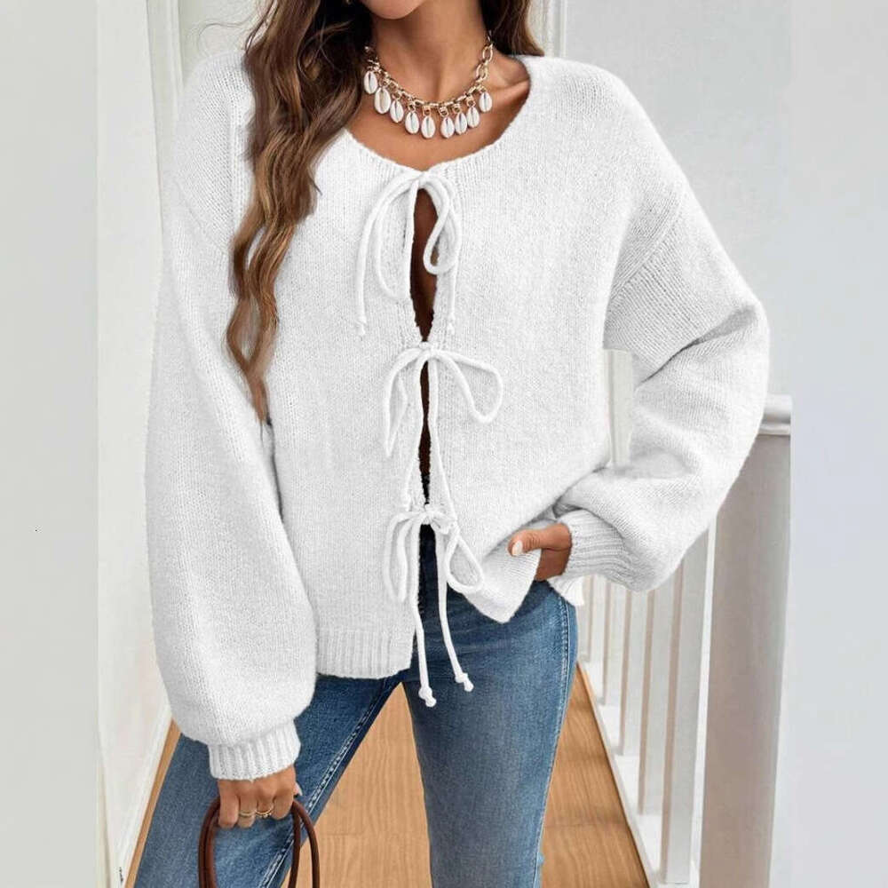 European American And Winter Clothing, Autumn Women's Casual Loose Cardigan, Lace Up Solid Color Sweater