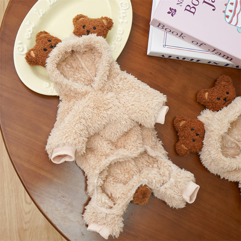 Winter Pet Apparel PlushThickened Warm Dog Jumpsuit Cute Bear Ear Four Legged Cats and Dogs Coat Coral Velvet Hoodie